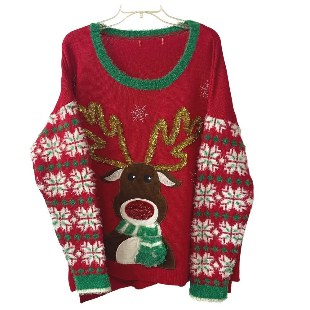 Holiday Traditions Women Sz 3X Red Reindeer Snowflake Ugly Christmas 3-D Sweater